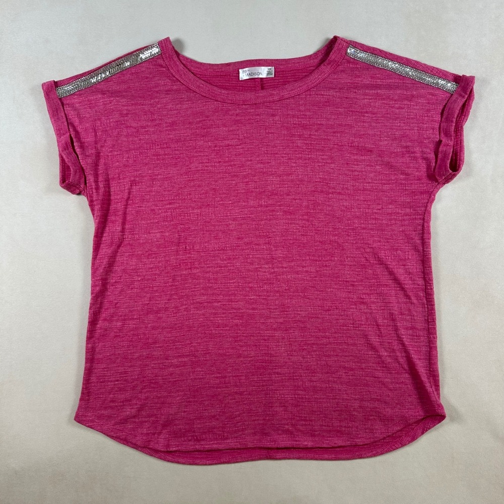 89th + Madison Top Womens Medium Pink Sequin Shoulder Short Sleeve Knit Shirt